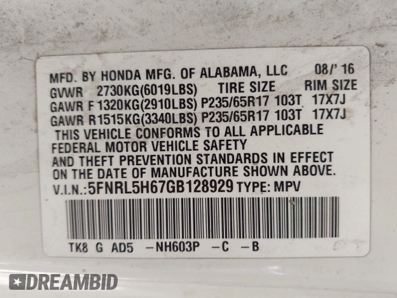 2016 Honda Odyssey EX-L with VIN 5FNRL5H67GB128929, listed as a IAAI auction lot 42126878 with 157,836 mi miles. Bid and sale history available at carsss.com. Image 9.