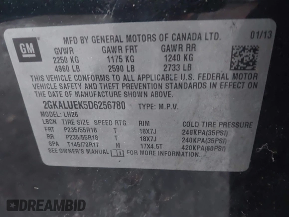 2013 GMC Terrain SLT with VIN 2GKALUEK5D6256780, listed as a IAAI auction lot 42016230 with 45,610 mi miles and . Bid and sale history available at carsss.com. Image 9.