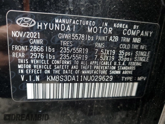 2022 Hyundai Santa Fe Hybrid SEL Premium with VIN KM8S3DA11NU029629, listed as a Copart auction lot 75606294 with 44,110 mi miles and Salvage Title. Bid and sale history available at carsss.com. Image 13.