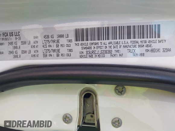 2018 Ram 2500 Tradesman with VIN 3C6UR5CJ1JG336382, listed as a IAAI auction lot 39077896 with 118,111 mi miles and . Bid and sale history available at DreamBid. Image 9.