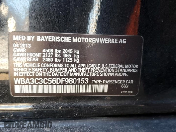 2013 BMW 3 Series 320i xDrive z VIN WBA3C3C56DF980153, wystawiony jako Copart lot #51377753 z przebiegiem Nie podano mil oraz Nie do naprawy • Non repairable. Historia ofert i sprzedaży dostępna na DreamBid. Obrazek 13.