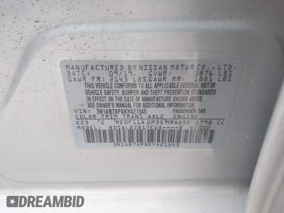 2019 Nissan Sentra S with VIN 3N1AB7APXKY421545, listed as a IAAI auction lot 41952926 with 81,856 mi miles. Bid and sale history available at carsss.com. Image 9.