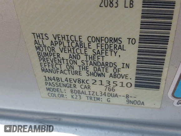 2019 Nissan Altima 2.5 SL with VIN 1N4BL4EV8KC213510, listed as a IAAI auction lot 39266155 with 1 mi miles. Bid and sale history available at carsss.com. Image 9.