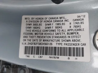2012 Honda Civic LX with VIN 2HGFB2F58CH560126, listed as a IAAI auction lot 42097094 with 149,921 mi miles and . Bid and sale history available at DreamBid. Image 9.