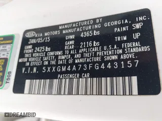 2015 Kia Optima LX with VIN 5XXGM4A73FG443157, listed as a IAAI auction lot 41910397 with 193,045 mi miles. Bid and sale history available at carsss.com. Image 9.