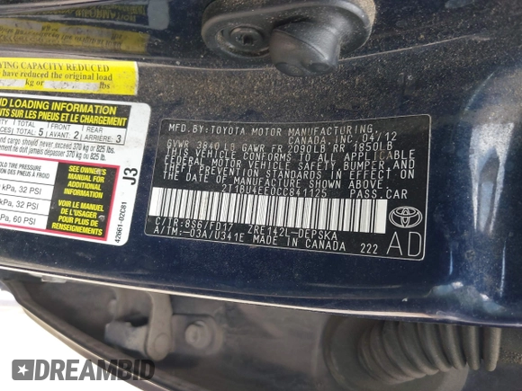 2012 Toyota Corolla L with VIN 2T1BU4EE0CC841125, listed as a IAAI auction lot 41910780 with 119,707 mi miles and . Bid and sale history available at DreamBid. Image 9.