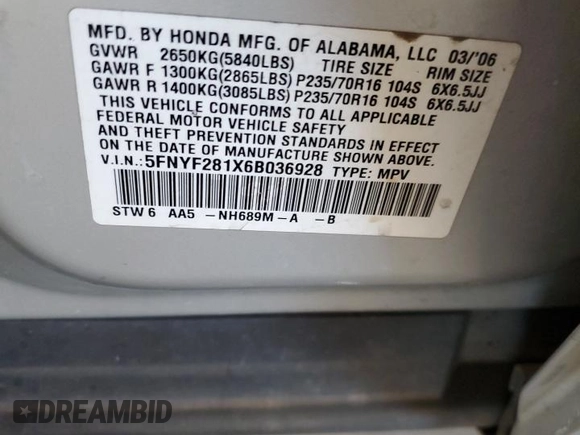 2006 Honda Pilot LX with VIN 5FNYF281X6B036928, listed as a Copart auction lot 46869695 with 165,249 mi miles and Salvage title. Bid and sale history available at DreamBid. Image 14.