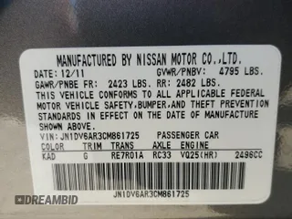 2012 Infiniti G25 x with VIN JN1DV6AR3CM861725, listed as a Copart auction lot 81903834 with 57,191 mi miles and Salvage Title. Bid and sale history available at DreamBid. Image 14.