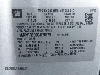 2012 GMC Acadia SLT1 with VIN 1GKKRRED0CJ326379, listed as a IAAI auction lot 41639433 with 167,407 mi miles. Bid and sale history available at carsss.com. Image 9.