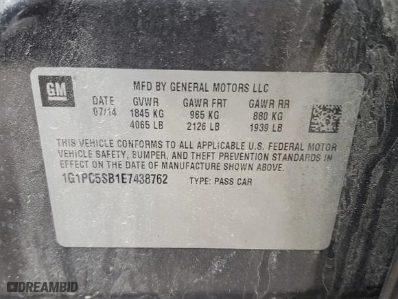 2014 Chevrolet Cruze 1LT with VIN 1G1PC5SB1E7438762, listed as a Copart auction lot 48948845 with 112,941 mi miles and Clean Title. Bid and sale history available at carsss.com. Image 12.