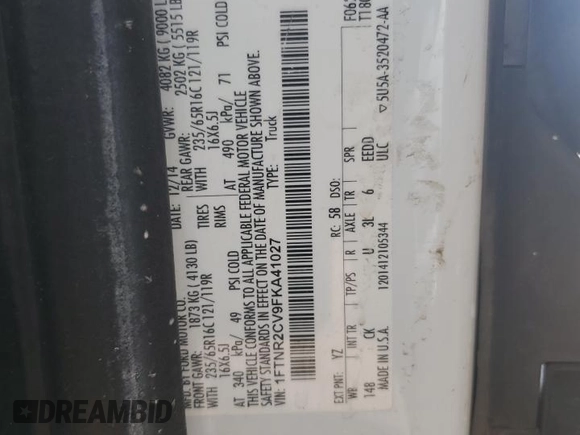 2015 Ford Transit z VIN 1FTNR2CV9FKA41027, wystawiony jako Copart lot #48520905 z przebiegiem 107 108 mil mil oraz Szkoda całkowita • Salvage title. Historia ofert i sprzedaży dostępna na DreamBid. Obrazek 13.