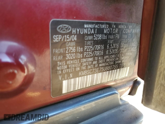 2005 Hyundai Santa Fe GLS with VIN KM8SC73E75U880755, listed as a Copart auction lot 77451484 with 185,290 mi miles and Salvage Title. Bid and sale history available at carsss.com. Image 13.