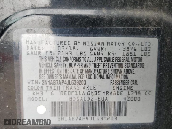 2018 Nissan Sentra SV with VIN 3N1AB7AP4JL639203, listed as a Copart auction lot 47248575 with 133,748 mi miles and Salvage Title. Bid and sale history available at carsss.com. Image 12.