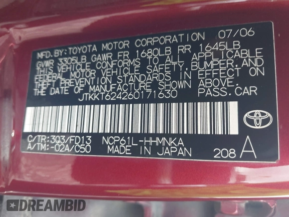 2006 Scion xA z VIN JTKKT624260171630, wystawiony jako IAAI lot #42161145 z przebiegiem 194 764 mil mil oraz . Historia ofert i sprzedaży dostępna na DreamBid. Obrazek 9.