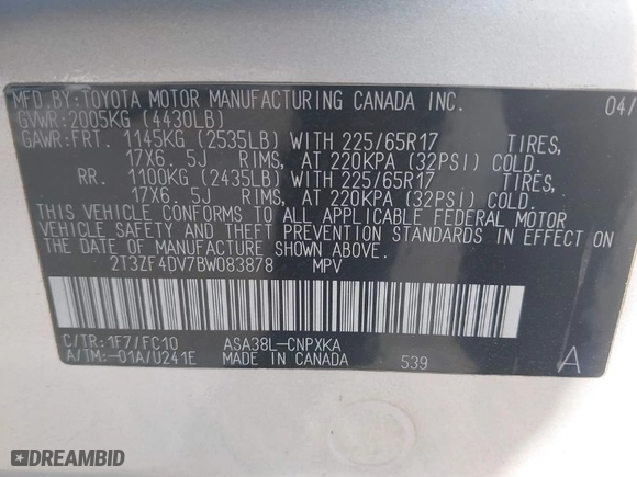 2011 Toyota RAV4 with VIN 2T3ZF4DV7BW083878, listed as a IAAI auction lot 40883003 with 144,617 mi miles. Bid and sale history available at carsss.com. Image 9.