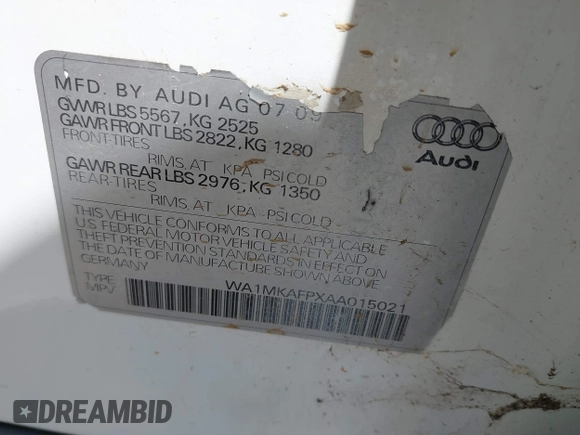 2010 Audi Q5 Premium Plus с VIN WA1MKAFPXAA015021, выставлен на аукционе IAAI как лот 42207496 с пробегом 144 317 миль миль и . История ставок и продаж доступна на DreamBid. Изображение 9.