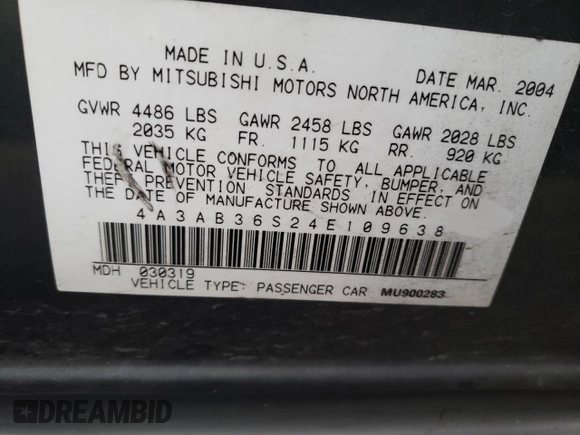 2004 Mitsubishi Galant LS with VIN 4A3AB36S24E109638, listed as a Copart auction lot 81422954 with 59,236 mi miles and Clean Title. Bid and sale history available at carsss.com. Image 12.