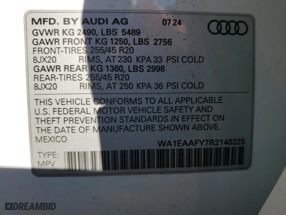2024 Audi Q5 S line Premium Plus with VIN WA1EAAFY7R2140225, listed as a Copart auction lot 47523225 with 2,851 mi miles and Salvage Title. Bid and sale history available at carsss.com. Image 13.