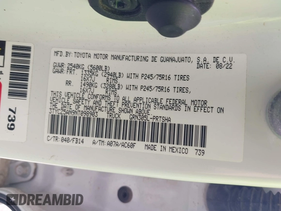2022 Toyota Tacoma SR with VIN 3TYCZ5AN9NT098903, listed as a IAAI auction lot 42088505 with 93,000 mi miles and . Bid and sale history available at DreamBid. Image 9.