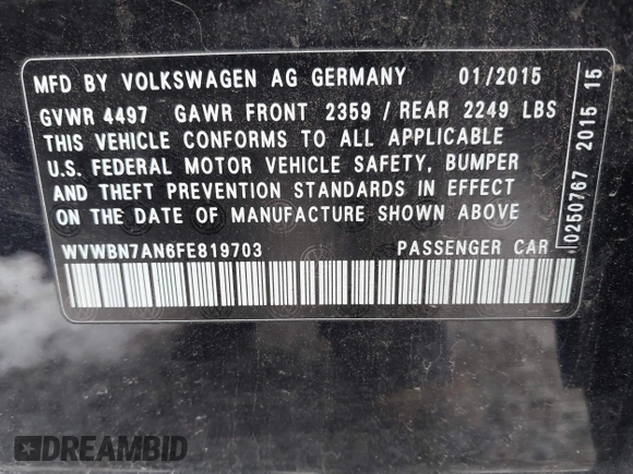 2015 Volkswagen CC Sport with VIN WVWBN7AN6FE819703, listed as a IAAI auction lot 41638624 with 103,785 mi miles and . Bid and sale history available at DreamBid. Image 9.