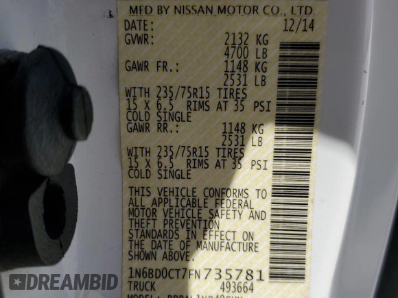 2015 Nissan Frontier SV with VIN 1N6BD0CT7FN735781, listed as a Copart auction lot 50768355 with 167,218 mi miles and Salvage title. Bid and sale history available at DreamBid. Image 13.