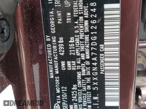 2013 Kia Optima EX with VIN 5XXGN4A77DG126248, listed as a Copart auction lot 63496335 with 149,848 mi miles and Salvage title. Bid and sale history available at DreamBid. Image 12.
