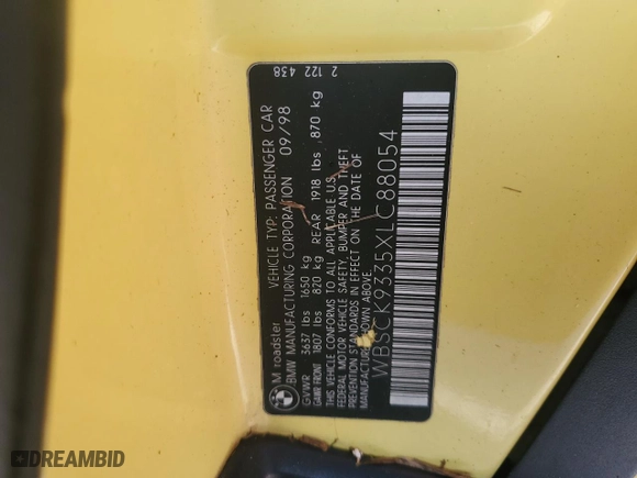 1999 BMW Z3 3.2L with VIN WBSCK9335XLC88054, listed as a Copart auction lot 76987034 with 0 mi miles and Salvage Title. Bid and sale history available at carsss.com. Image 13.