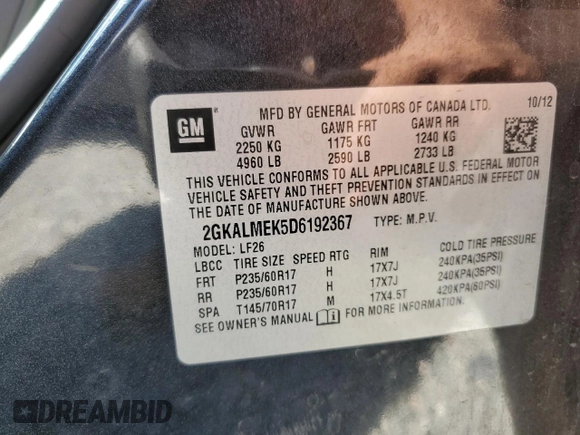 2013 GMC Terrain SLE with VIN 2GKALMEK5D6192367, listed as a Copart auction lot 56121715 with 118,129 mi miles and Salvage title. Bid and sale history available at DreamBid. Image 13.