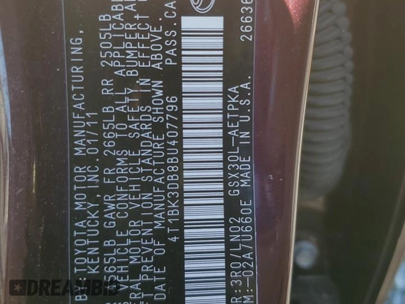 2011 Toyota Avalon with VIN 4T1BK3DB8BU407796, listed as a Copart auction lot 61911175 with 113,309 mi miles and Salvage title. Bid and sale history available at DreamBid. Image 12.
