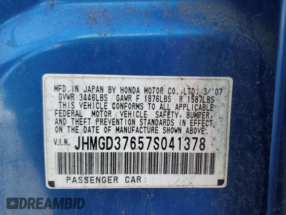 2007 Honda Fit Sport z VIN JHMGD37657S041378, wystawiony jako Copart lot #52042925 z przebiegiem 207 258 mil mil oraz Szkoda całkowita • Salvage title. Historia ofert i sprzedaży dostępna na DreamBid. Obrazek 12.