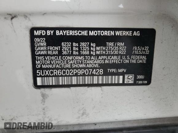 2023 BMW X5 xDrive40i with VIN 5UXCR6C02P9P07428, listed as a Copart auction lot 53520485 with 46,006 mi miles and Salvage title. Bid and sale history available at DreamBid. Image 14.