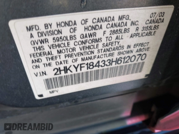 2003 Honda Pilot EX with VIN 2HKYF18433H612070, listed as a IAAI auction lot 41852286 with 242,891 mi miles and . Bid and sale history available at DreamBid. Image 9.