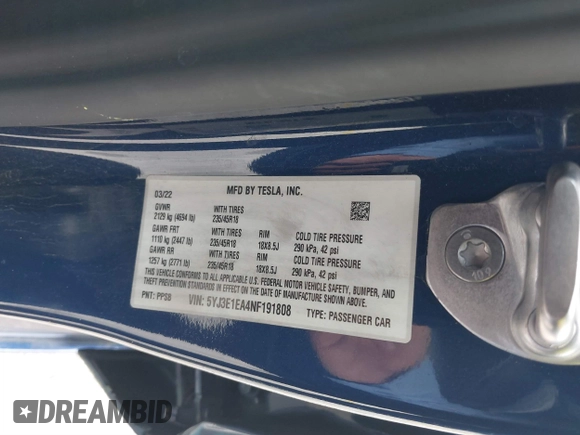2022 Tesla Model 3 with VIN 5YJ3E1EA4NF191808, listed as a IAAI auction lot 39564406 with 6,756 mi miles. Bid and sale history available at carsss.com. Image 9.