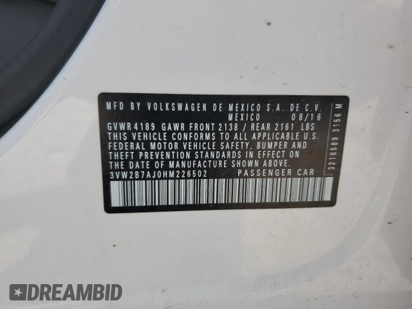 2017 Volkswagen Jetta S z VIN 3VW2B7AJ0HM226502, wystawiony jako Copart lot #62056735 z przebiegiem 88 496 mil mil oraz Szkoda całkowita • Salvage title. Historia ofert i sprzedaży dostępna na DreamBid. Obrazek 12.