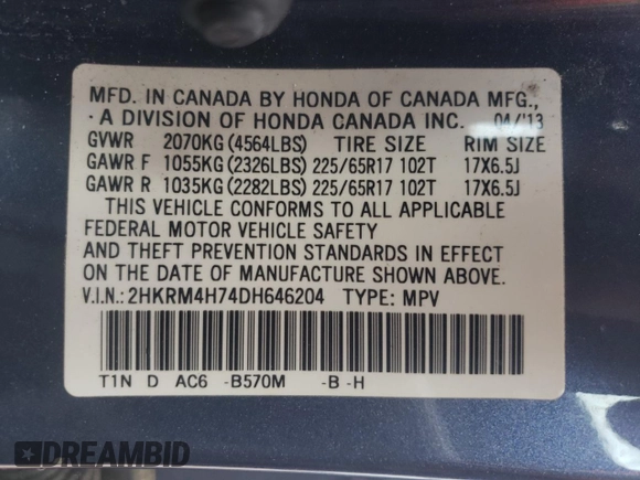 2013 Honda CR-V EX-L with VIN 2HKRM4H74DH646204, listed as a Copart auction lot 47602905 with 124,990 mi miles and Salvage Title. Bid and sale history available at carsss.com. Image 13.
