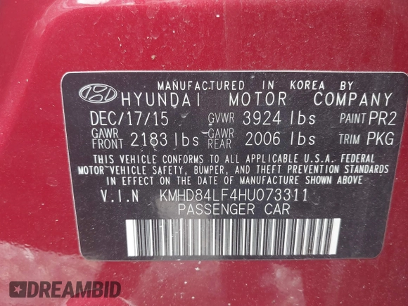 2017 Hyundai Elantra Value Edition z VIN KMHD84LF4HU073311, wystawiony jako IAAI lot #42253144 z przebiegiem 38 127 mil mil oraz . Historia ofert i sprzedaży dostępna na DreamBid. Obrazek 9.