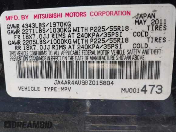 2011 Mitsubishi Outlander SE with VIN JA4AR4AU9BZ015804, listed as a IAAI auction lot 41749170 with 87,967 mi miles and . Bid and sale history available at DreamBid. Image 9.
