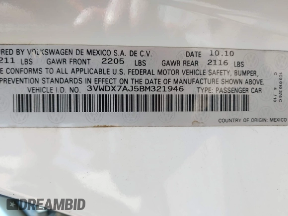 2011 Volkswagen Jetta SE with VIN 3VWDX7AJ5BM321946, listed as a IAAI auction lot 42178181 with 149,945 mi miles and . Bid and sale history available at DreamBid. Image 9.