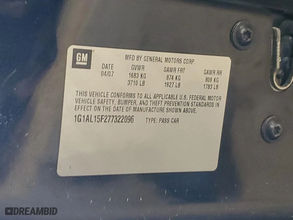 2007 Chevrolet Cobalt LT with VIN 1G1AL15F277322096, listed as a Copart auction lot 46108415 with 0 mi miles and Salvage Title. Bid and sale history available at carsss.com. Image 14.