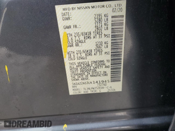 2020 Nissan Murano S with VIN 5N1AZ2AS3LN141945, listed as a Copart auction lot 87851005 with 70,294 mi miles and Salvage Title. Bid and sale history available at DreamBid. Image 16.