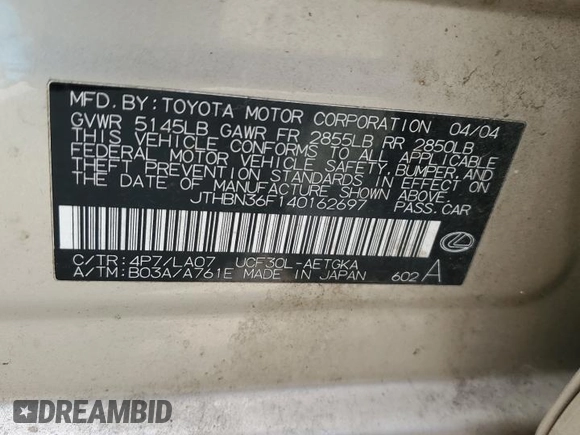 2004 Lexus LS 430 with VIN JTHBN36F140162697, listed as a Copart auction lot 47810895 with 304,336 mi miles and Clean Title. Bid and sale history available at DreamBid. Image 12.