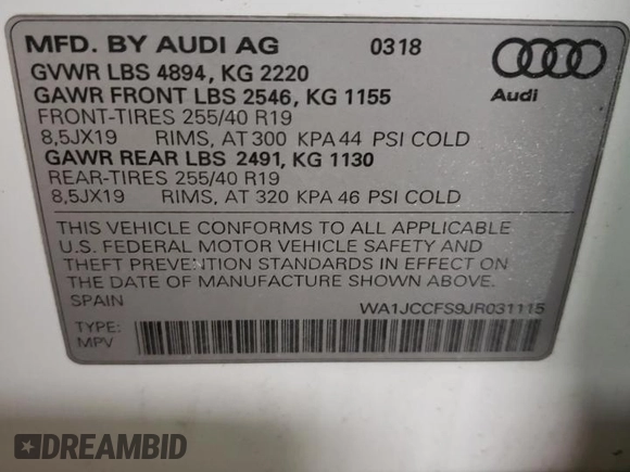 2018 Audi Q3 Premium Plus with VIN WA1JCCFS9JR031115, listed as a Copart auction lot 39580513 with 32,800 mi miles. Bid and sale history available at carsss.com. Image 12.