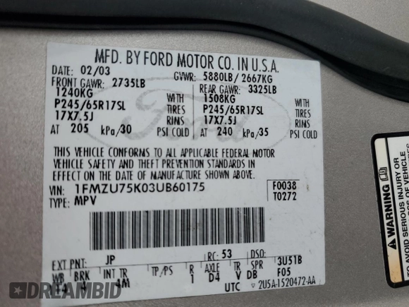 2003 Ford Explorer Limited with VIN 1FMZU75K03UB60175, listed as a Copart auction lot 48250385 with 256,663 mi miles and Salvage title. Bid and sale history available at DreamBid. Image 13.