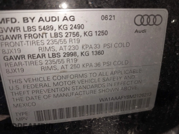 2021 Audi Q5 Premium with VIN WA1AAAFY8M2126213, listed as a IAAI auction lot 41454050 with 38,057 mi miles. Bid and sale history available at carsss.com. Image 9.