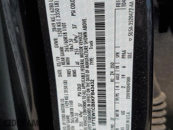 2019 Ford F-150 XL z VIN 1FTEW1CB8KFB43432, wystawiony jako Copart lot #52508165 z przebiegiem 67 302 mil mil oraz Nie do naprawy • Non repairable. Historia ofert i sprzedaży dostępna na DreamBid. Obrazek 14.