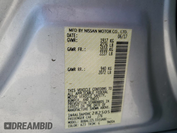 2017 Nissan Altima SV with VIN 1N4AL3AP0HC282505, listed as a Copart auction lot 63616555 with 107,932 mi miles and Salvage title. Bid and sale history available at DreamBid. Image 12.