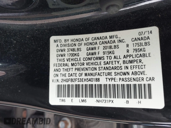 2014 Honda Civic LX with VIN 2HGFB2F53EH540188, listed as a IAAI auction lot 41741533 with 101,467 mi miles. Bid and sale history available at carsss.com. Image 9.