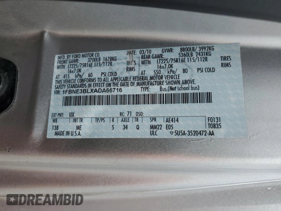 2010 Ford Econoline Passenger XL с VIN 1FBNE3BLXADA66716, выставлен на аукционе Copart как лот 55252925 с пробегом 163 751 миль миль и Списание • Salvage title. История ставок и продаж доступна на DreamBid. Изображение 13.