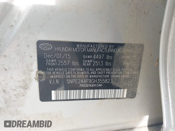 2016 Hyundai Sonata SE with VIN 5NPE24AF9GH355823, listed as a IAAI auction lot 42081692 with 156,394 mi miles and . Bid and sale history available at carsss.com. Image 9.