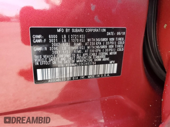 2019 Subaru Ascent Limited with VIN 4S4WMALD2K3403784, listed as a Copart auction lot 45799795 with Not provided miles and Non repairable. Bid and sale history available at DreamBid. Image 13.